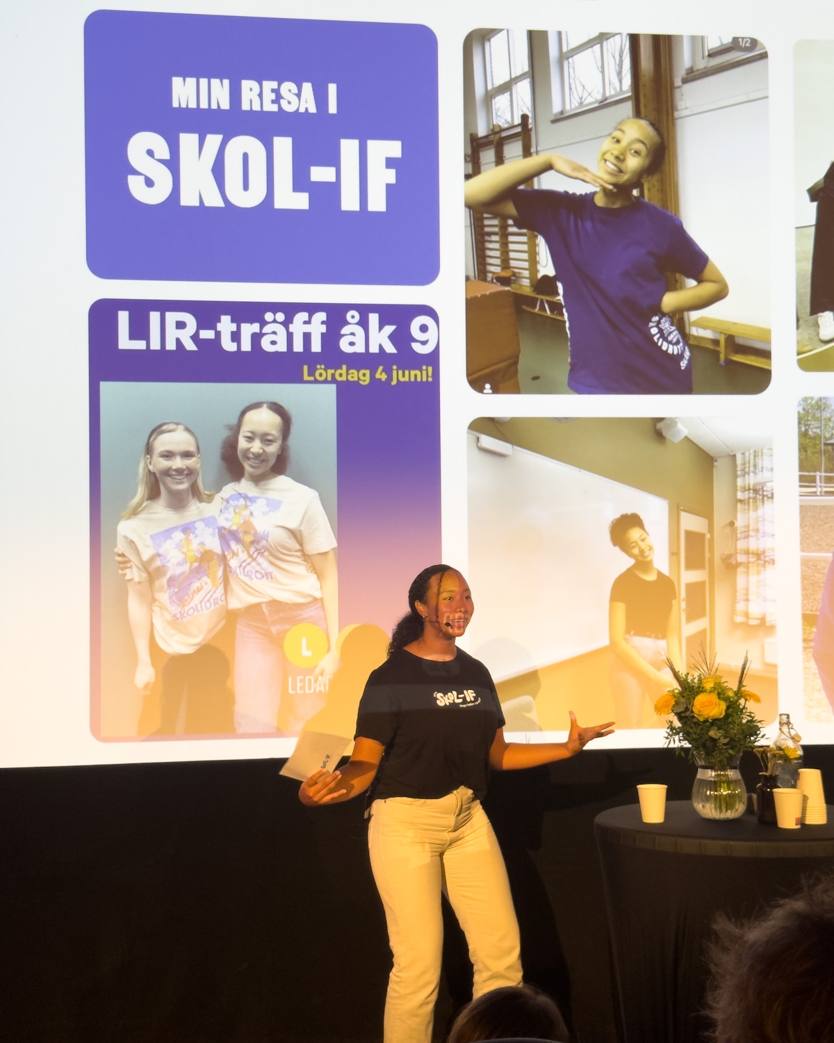 Lily Frigyes från Skolidrottsförbundet i Skån gestikulerar entusiastiskt när hon berättar om Skol-IF.